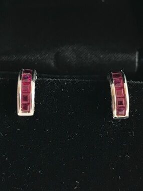 RUBY HOOP EARRINGS 14k White Gold Huggie Style Hoop Earrings July Birthstone